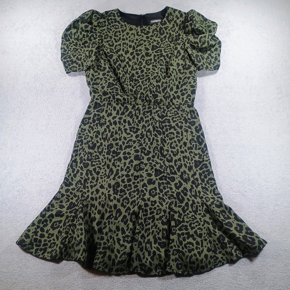 Express Women Leopard Print Puff Sleeve Dress Olive Green‎ XXS Fit and Flare